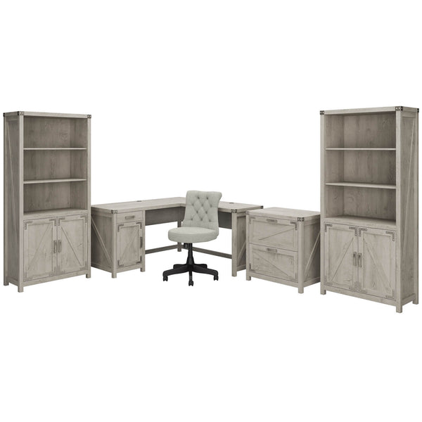 60W L Shaped Desk with Chair, File Cabinet and Bookcases