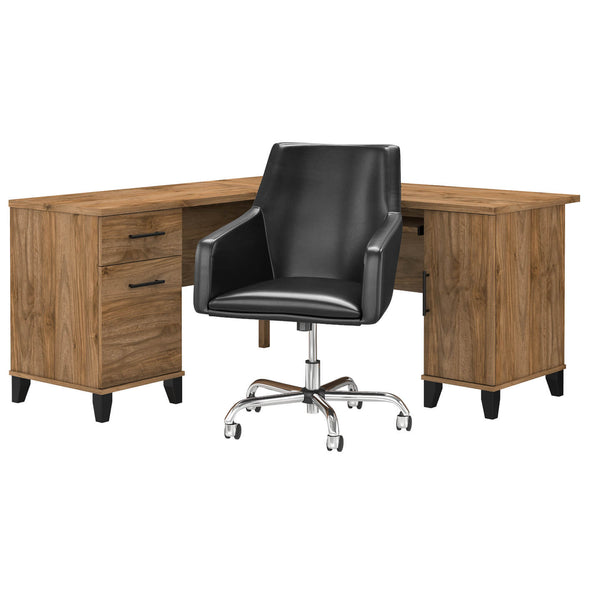 60W L Shaped Desk with Mid Back Leather Box Chair