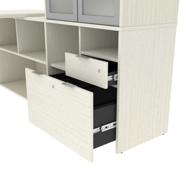 72W L-Shaped Desk with Frosted Glass Door Hutch