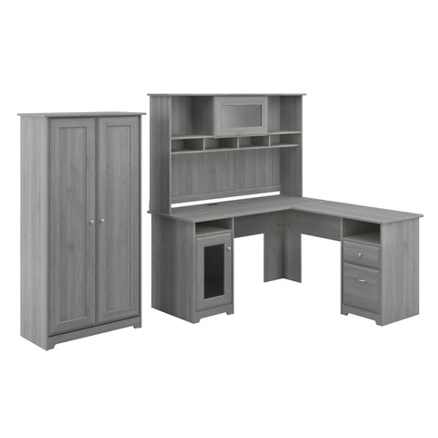 L Shaped Desk with Hutch and Tall Storage Cabinet with Doors