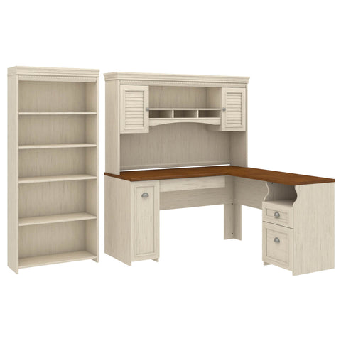 60W L Shaped Desk with Hutch and 5 Shelf Bookcase