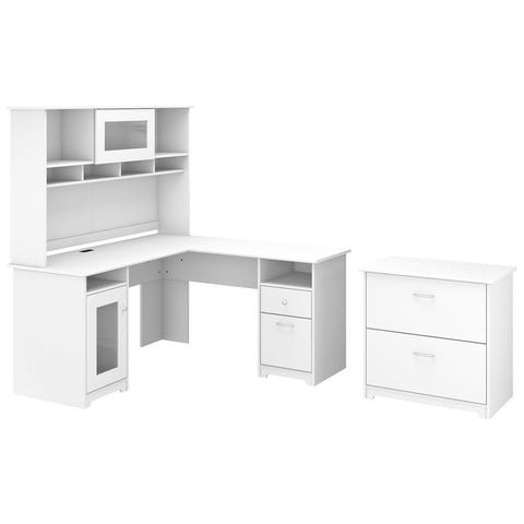 60W L Shaped Computer Desk with Hutch and Lateral File Cabinet