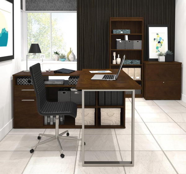 60W L-Shaped Desk with Lateral File Cabinet and Bookcase