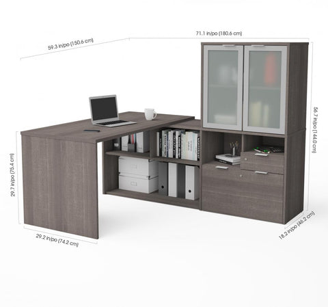 72W L-Shaped Desk with Frosted Glass Door Hutch