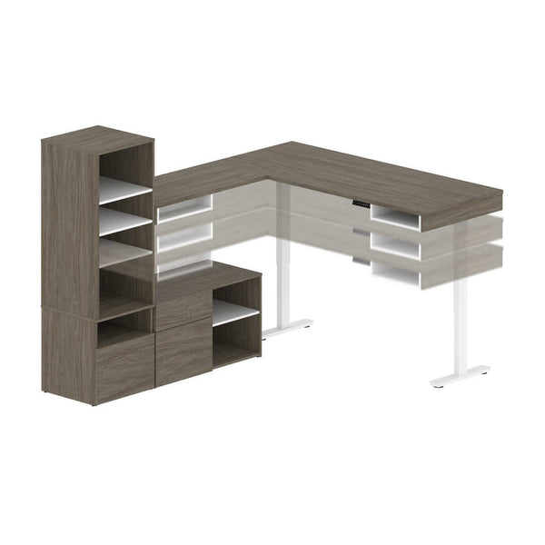 Two 72W L-Shaped Standing Desks with Credenza and Shelving Unit