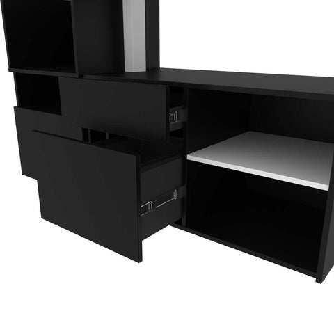 Two 72W L-Shaped Standing Desks with Credenza and Shelving Unit