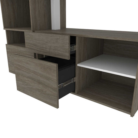 Two 72W L-Shaped Standing Desks with Credenza and Shelving Unit