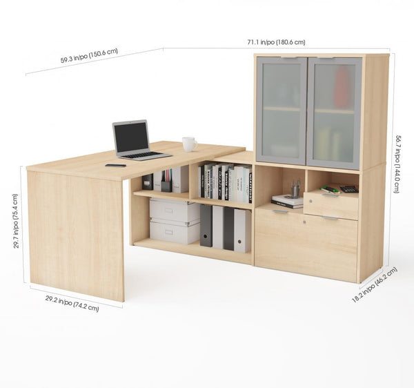 72W L-Shaped Desk with Frosted Glass Door Hutch