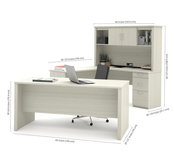 66W U-Shaped Desk with Hutch, Lateral File Cabinet, and Bookcase