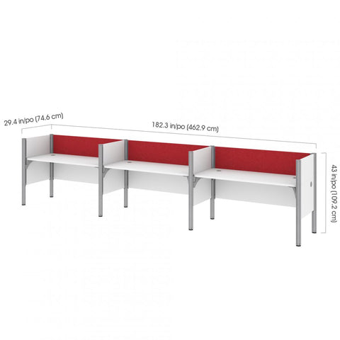 3-Person Office Cubicles with Red Tack Boards and Low Privacy Panels