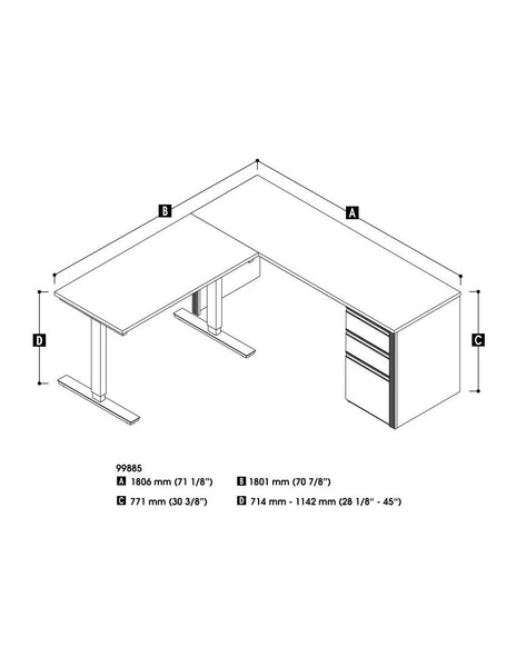 72W L-Shaped Standing Desk with Pedestal