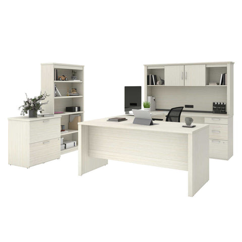 66W U-Shaped Desk with Hutch, Lateral File Cabinet, and Bookcase