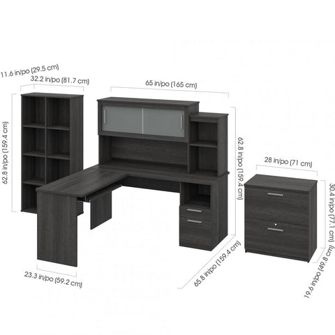 65W L-Shaped Desk with Hutch, Lateral File Cabinet, and Cubby Bookcase