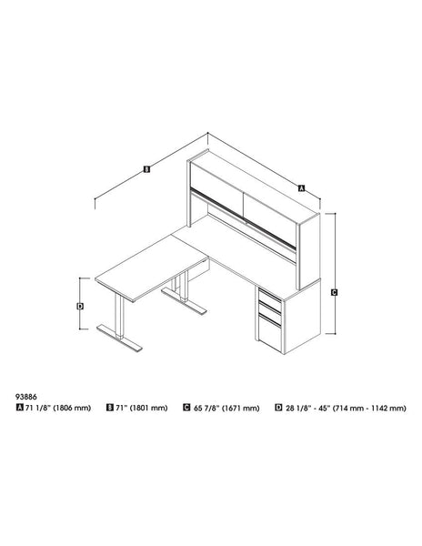 72W L-Shaped Standing Desk with Pedestal and Hutch