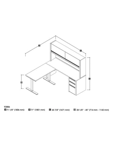 72W L-Shaped Standing Desk with Pedestal and Hutch