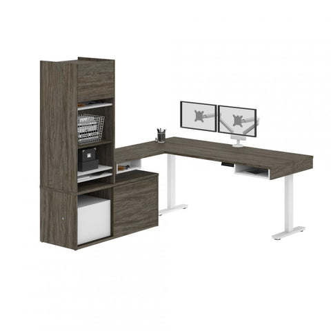 81W L-Shaped Standing Desk with Dual Monitor Arm, Credenza, and Hutch