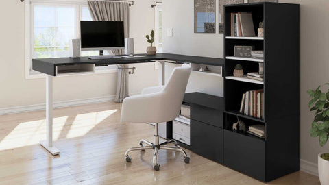 72W L-Shaped Standing Desk with Credenza and Shelving Unit