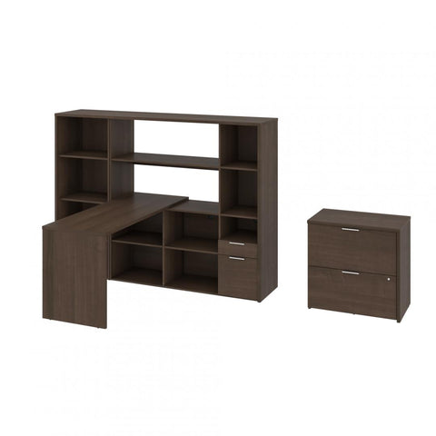 60W L-Shaped Desk with Hutch, Lateral File Cabinet, and Bookcase