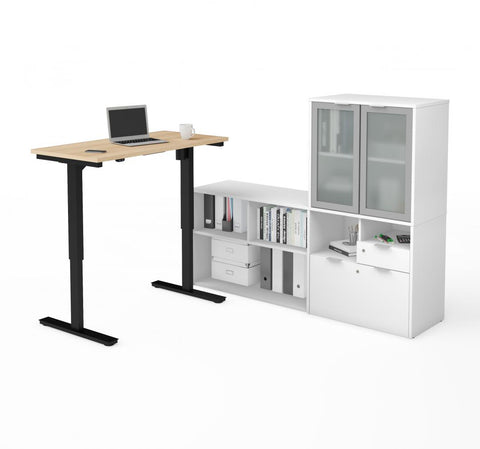 72W L-Shaped Standing Desk and Hutch with Frosted Glass Doors