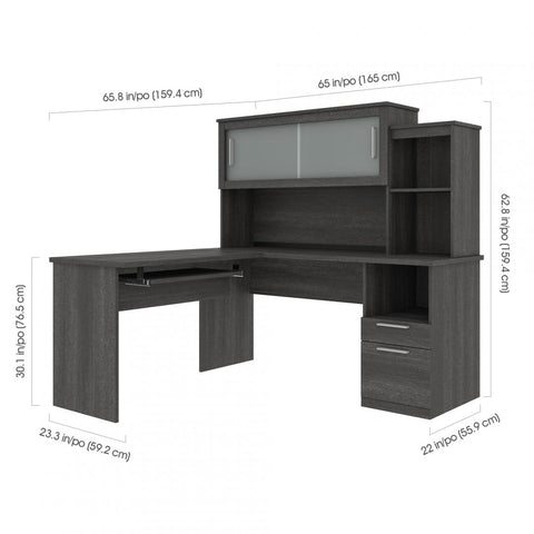 65W L-Shaped Desk with Hutch, Lateral File Cabinet, and Bookcase