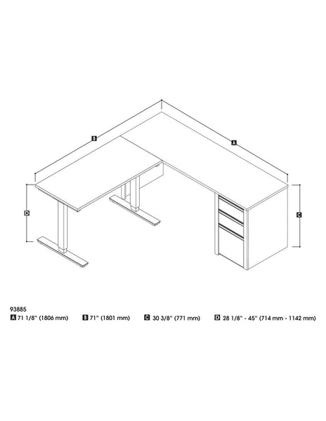 72W L-Shaped Standing Desk with Pedestal