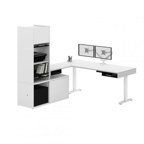 81W L-Shaped Standing Desk with Dual Monitor Arm, Credenza, and Hutch