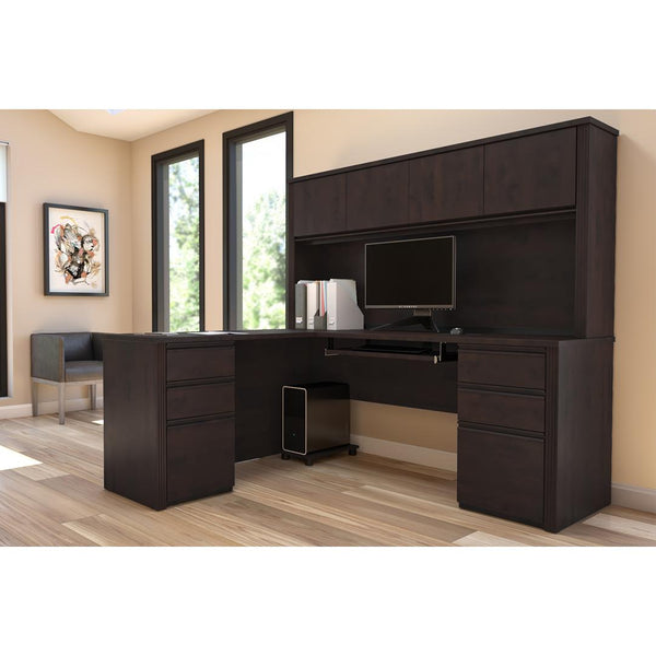 Modern L-Shaped Office Desk with Two Pedestals and Hutch