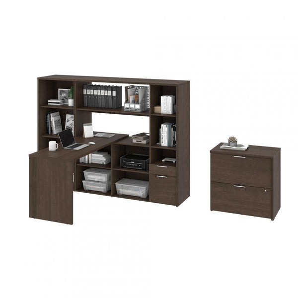 60W L-Shaped Desk with Hutch, Lateral File Cabinet, and Bookcase