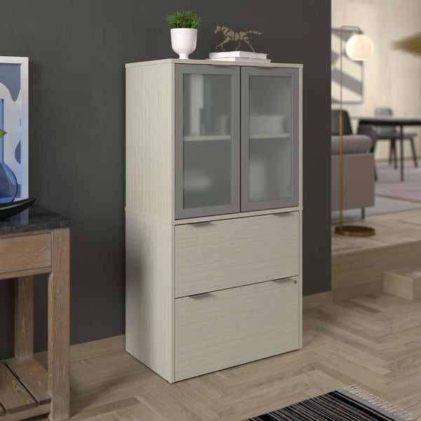 Lateral File Cabinet with Frosted Glass Doors Hutch