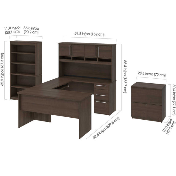 83W U or L-Shaped Desk with Hutch, Lateral File Cabinet, and Bookcase