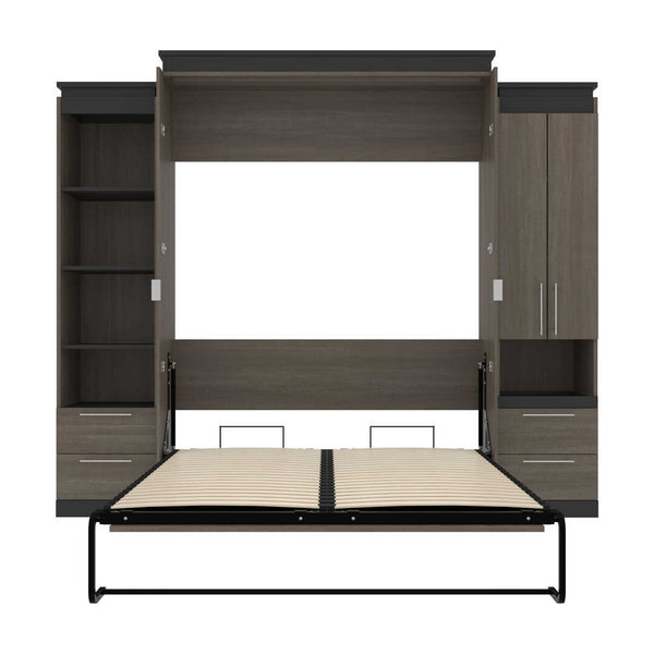 Queen Murphy Bed with Storage Cabinet and Tall Shelf with Drawers (106W)