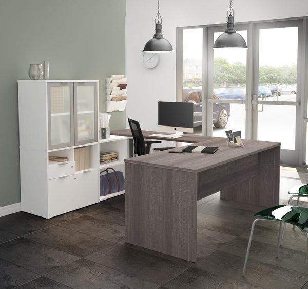 72W U-Shaped Executive Desk with Frosted Glass Doors Hutch