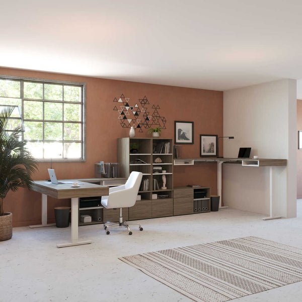 Two 72W L-Shaped Standing Desks with Credenza and Shelving Unit