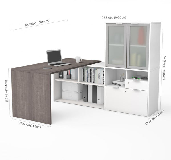 72W L-Shaped Desk with Frosted Glass Door Hutch