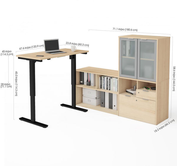 72W L-Shaped Standing Desk and Hutch with Frosted Glass Doors