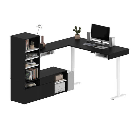 72W L-Shaped Standing Desk with Credenza and Shelving Unit