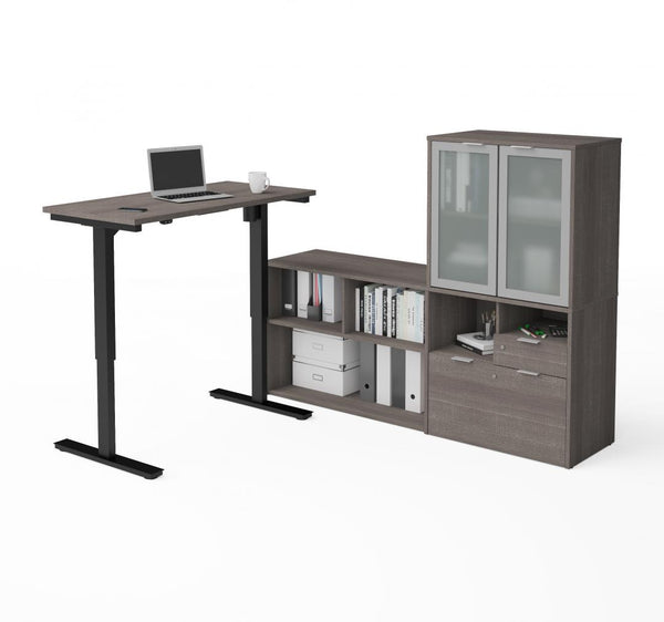 72W L-Shaped Standing Desk and Hutch with Frosted Glass Doors