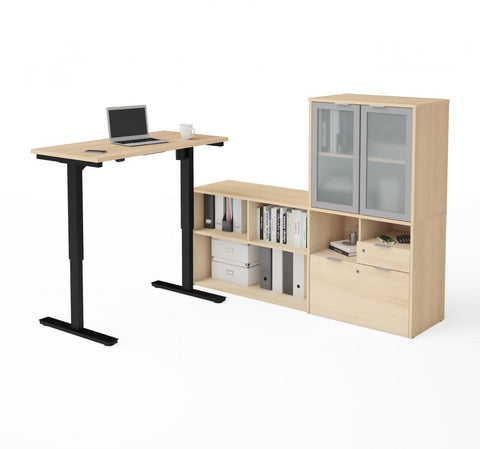 72W L-Shaped Standing Desk and Hutch with Frosted Glass Doors