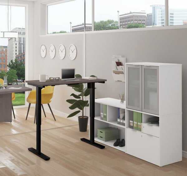 72W L-Shaped Standing Desk and Hutch with Frosted Glass Doors