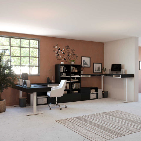 Two 72W L-Shaped Standing Desks with Credenza and Shelving Unit