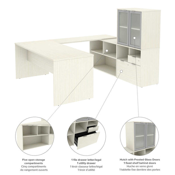 72W U-Shaped Executive Desk with Frosted Glass Doors Hutch