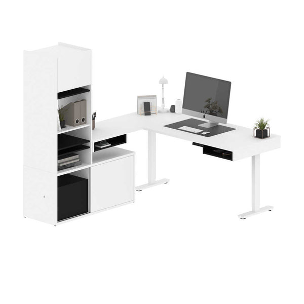 81W L-Shaped Standing Desk with Credenza and Narrow Hutch