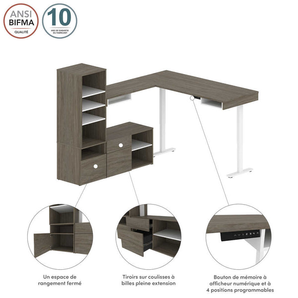 Two 72W L-Shaped Standing Desks with Credenza and Shelving Unit