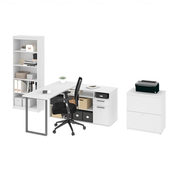 60W L-Shaped Desk with Lateral File Cabinet and Bookcase