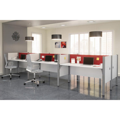 6-Person Office Cubicles with Red Tack Boards and Low Privacy Panels