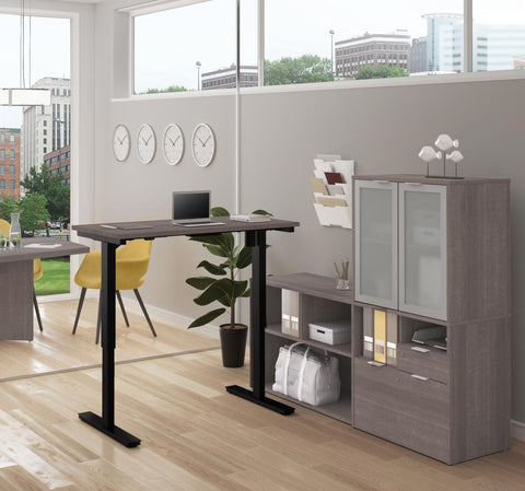 72W L-Shaped Standing Desk and Hutch with Frosted Glass Doors