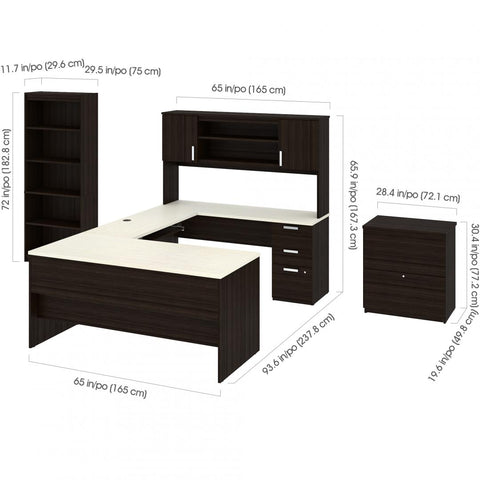 65W U-Shaped Desk with Hutch, Lateral File Cabinet, and Bookcase