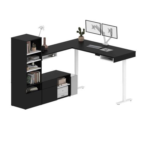 Two 72W L-Shaped Standing Desks with Dual Monitor Arms and Storage