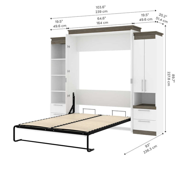 Queen Murphy Bed with Storage Cabinet and Tall Shelf with Drawers (106W)