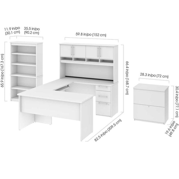 83W U or L-Shaped Desk with Hutch, Lateral File Cabinet, and Bookcase